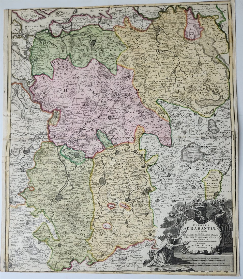 18th century MAP of NETHERLANDS & BELGIUM antique DUCATUS BRABANTIAE: DUCATUS BRABANTIAE (Duchy of Brabant), historical region that covers parts of modern-day Netherlands and Belgium by Johann Baptist Homann Nuremberg; n.d (18th century) Hand colored Size (overall) : 19