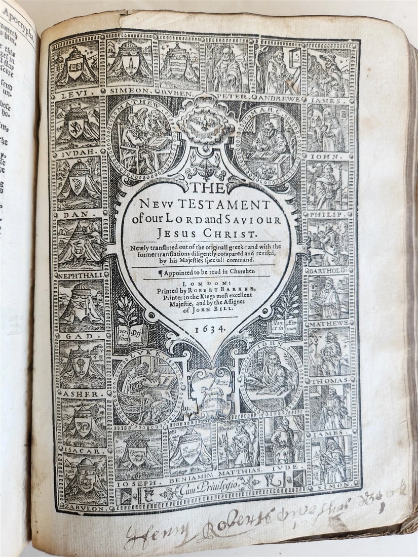 1634 BIBLE in ENGLISH antique OLD & NEW TESTAMENT 17th CENTURY by Robert Barker: The Holy Bible Containing the Old Testament and the New London: Robert Barker, 1634 The Old & New Testament with individual title pages present for each part Original panelled calf with remnants of cl