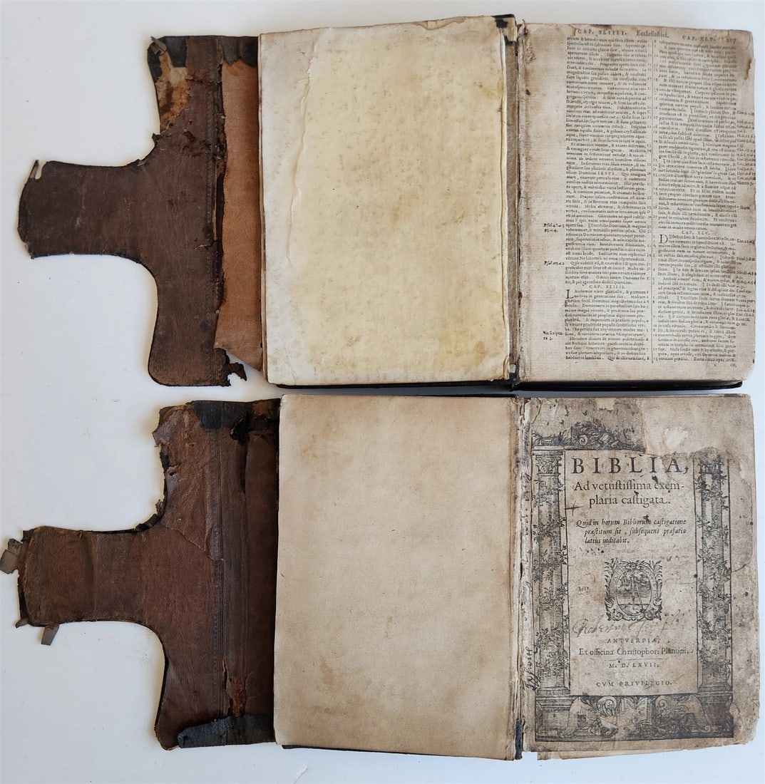 1567 BIBLE in LATIN 2 VOLUMES by PLANTIN antique incl. 1612 R.Barker partial NT: [LATIN BIBLE] Biblia in two volumes Antwerp: Christophe Plantin, 1567 [viii], 303 pp. [leaves], early marginalia in places, worn but mostly sound, general handling marks and toning, slight wear & loss