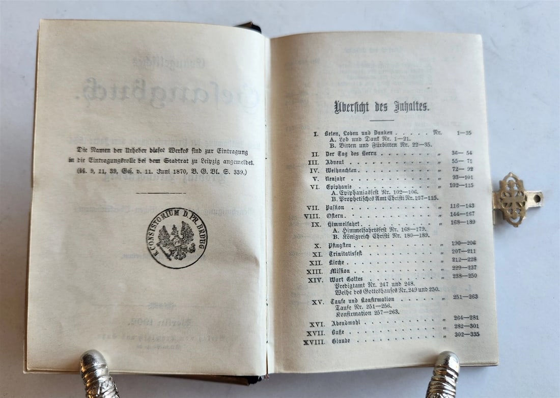 1902 GERMAN HYMNAL SONG BOOK VELVET BINDING w/ BRASS EDGES & CROSS antique - 9