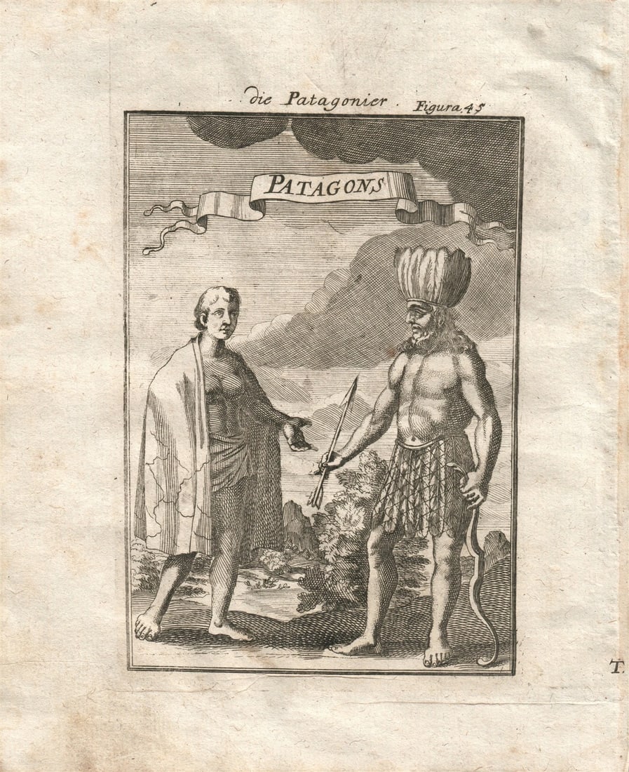 1719 PATAGONIANS plate 45 from Beschreibung Des gantzen Welt-Kreises: Plate No. 45 : PATAGONIANS "PATAGONS" engraving from German edition of "Description of entire world" Beschreibung Des gantzen Welt-Kreises by Alain Manesson Mallet Frankfurt; 1719 Size 6.5 by 8