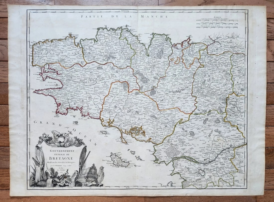 1751 MAP of BRETAGNE FRANCE antique: GOUVERNEMENT DE BRETAGNE divisé en ses Dioceses ou Receptes, &c. par le Sr ROBERT Geog Ord du Roy Avec Privilege 1751 Size 20 by 27 inches Very good condition , fold in the middle Reserve: $151.0