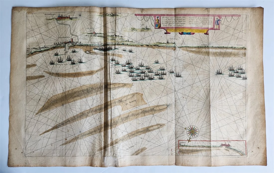 1640 SEA CHART of DUNKIRK COAST FRANCE antique MAP 20 by 31 inches by W.Blaeu: DVINKERKA MAP Afbeeldinghe van de vermaerde seehaven ende stadt van Duynkercken (Sea chart of the coast of Dunkirk,France) by Blaeu W. & J. Amsterdam; 1640s Good condition, old repair to the lower mar