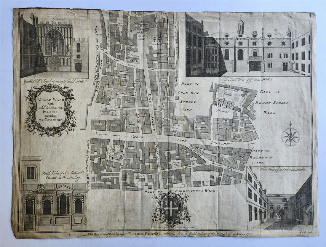 1755 MAP of LONDON antique CHEAP WARD: CHEAP WARD with its division into parishes according to New survey [London; 1755] Copper engraving Size (including margins): 14 1/2 by 19 1/3 inches Reserve: $98.00 Shipping: Domestic: Flat-ra