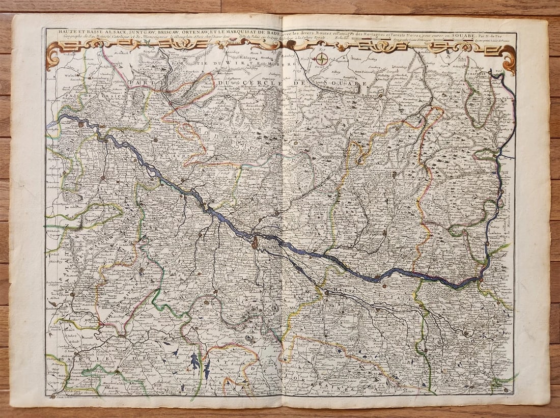 1730s antique MAP antique HAUTE et BASSE ALSACE SUNTGAW BRISGAW ORTEN AW: HAUTE et BASSE ALSACE , SUNTGAW, BRISGAW, ORTEN AW, et le MARQUISAT de BADE c. 1730s Hand-colored copper engraving on paper Size 21 by 29.5 inches Good condition, fold in the middle Reserve: $151.00 <