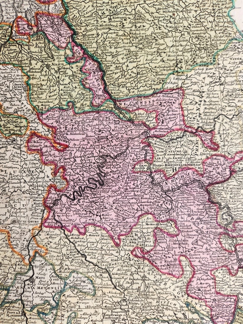 1740s GERMANY & FRANCE antique MAP MARTIS AREA et ALEA RHENI MOSSELAE ac MOSAE - 4