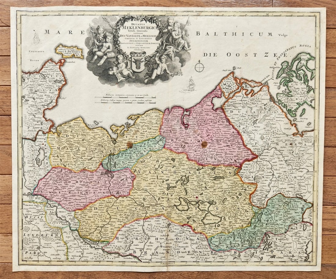 1712 GERMANY antique MAP DUCATUS MEKLENBURGICI by JOHANN HOMANN: Johann Baptista Homann Germany, ca. 1664–1724 Ducatus Meklenburgici Tabula Generalis continens Duc. Vandaliae et Meklenburg Comitatum Et Episcopatum Swerinensem Rostochiense et Stargardiense Dom