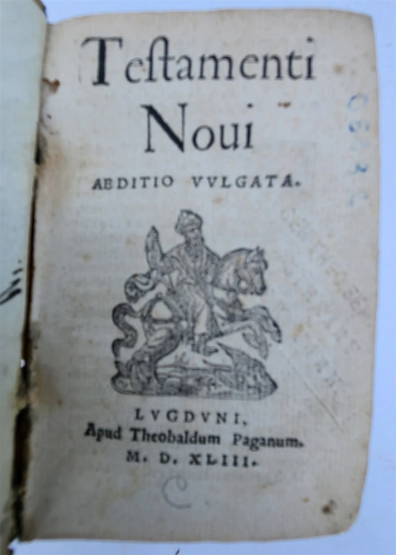 1543 BIBLE in LATIN NEW TESTAMENT antique RARE POCKET SIZE BIBLIA VELLUM BINDING: TESTAMENTI NOVI aeditio vulgata Lugduni; 1543 Small size: 3 1/4 by 4 3/4 inches Printer's device on title-page Original vellum binding , worn Very good interior Ex-library RARE Text in Latin Reserve: