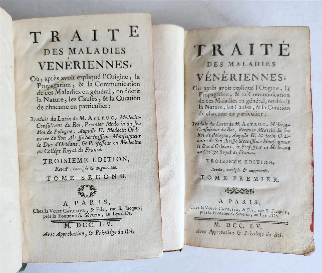 1755 TREATISE on VENERIAL DISEASES by Jean Astruc 2 VOLUMES antique in FRENCH: ASTRUC (Jean) Traite des maladies veneriennes [...] (Treatise on venereal diseases) Paris, Veuve Cavelier, & Fils, 1755 2 volumes Original mottled calf, spines with raised bands decorated in gilt,