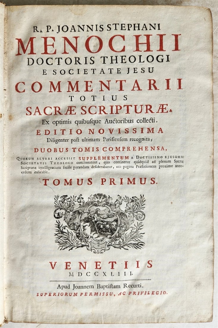 1743 BIBLE COMMENTARY Joannis Stephani Menochius in LATIN VELLUM FOLIO antique - 2