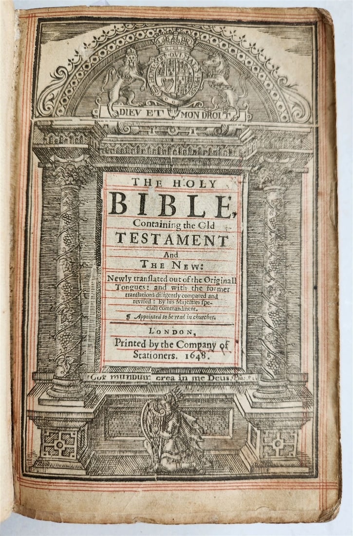 1648 BIBLE ENGLISH antique Old & New Testament London: Company of Stationers: Holy Bible, containing the Old Testament and the New. London: Printed by the Company of Stationers, 1648 PP: A-Mm6; Bound with: The New Testament. London: Printed by the Company of Stationers, 1648 PP