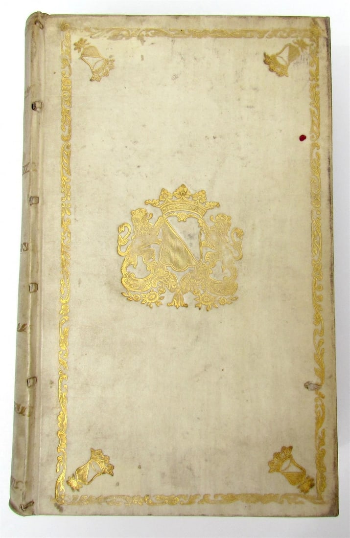 1744 ROMAN HISTORY ARMORIAL VELLUM BINDING antique w/ MAP by LUCIUS FLORUS: Lucius Annaeus Florus Epitome Rerum Romanarum Ed. C.A. Duker. Leyden, S. Luchtmans, 1744 2 parts in 1 vol. (58),858[ 874],(120),39[ 47],(1)p. Engraved frontispiece, folding map Original vellum, school