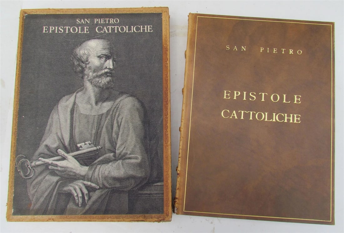SAN PIETRO EPISTOLE CATTOLICHE antique ILLUSTRATED FOLIO VATICAN EDITION: SAN PIETRO EPISTOLE CATTOLICHE Citta del Vaticano (no date, c. 1960s) Fully illustrated Folio. Size 10.5 by 15" Brown morocco binding decorated in gilt. Original slip case Very good interior, worn