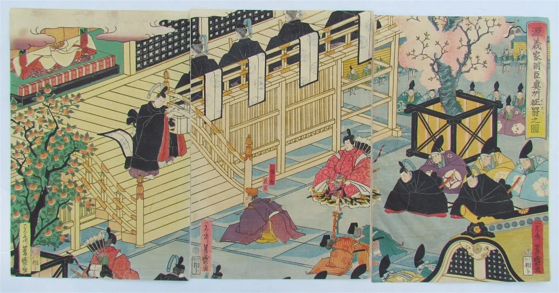 JAPANESE WOODBLOCK TRIPTYCH PRINT ANTIQUE by UTAGAWA YOSHIMORI EDO 1863: The Conquest of Ôshû by Lord Minamoto Yoshiile by UTAGAWA YOSHIMORI (1830-1884) date: 1863 Size of each individual part 9 1/2 by 13 3/4" Very good condition Reserve: $315.00 Shipping: