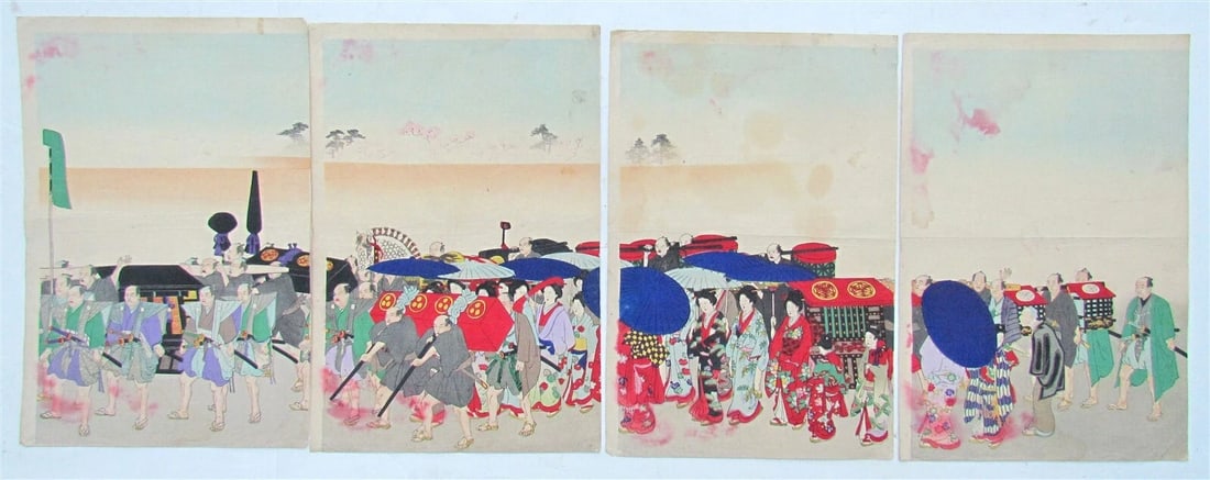 JAPANESE WOODBLOCK QUADTYCH PRINT ANTIQUE FEASTIVAL PROCESSION 4 parts MEIJI: Size of each individual part 9 3/4 by 14 3/4" Very good condition Reserve: $294.00 Shipping: Domestic: Flat-rate of $25.00 to anywhere within the contiguous U.S. International: Foreign shipping rate