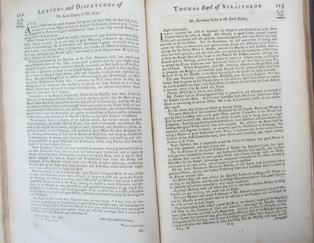 1740 STAFFORDE'S LETTERS & DISPATCHES by WILLIAM KNOWLER 2 FOLIO VOLUMES antique - 5