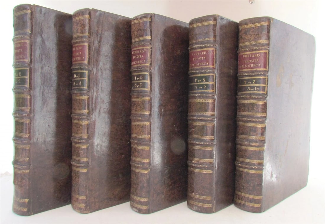 1795 5 FOLIO VOLUMES PROMTA BIBLIOTHECA by LUCII FERRARIS in LATIN antique: LUCII FERRARIS SOLER-ALEXANDRINI ORDINIS MINOR, REGUL. OBSERV. S.P. FRANCISCI, PROMTA BIBLIOTHECA CANONICA, JURIDICA, MORALIS, THEOLOGICA, negnon ASCETICA, RUBRICISTICA, HISTORICA 10 parts in 5 VOLUME