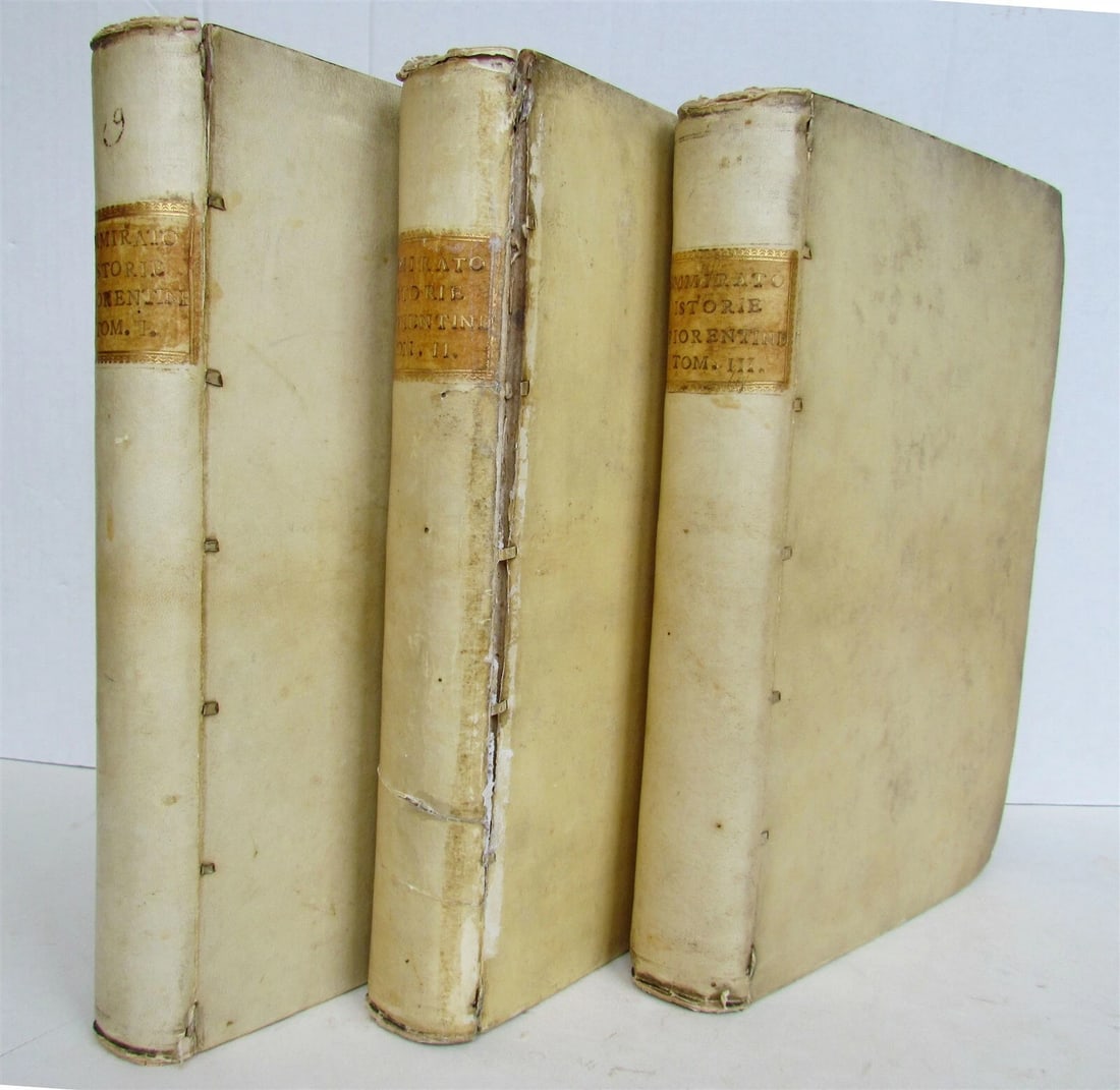 1641-1647 HISTORY OF FLORENCE 3 FOLIO VOLUMES by Ammirato antique VELLUM BOUND: Ammirato, S. Istorie Fiorentine. Florence, A. Massi, 1641-1647 2 parts in 3 vols. (8),553; (2),557-1188,(2); (8),563,(37)p., 3 identical large engraver title-pieces., original uniformed vellum binding