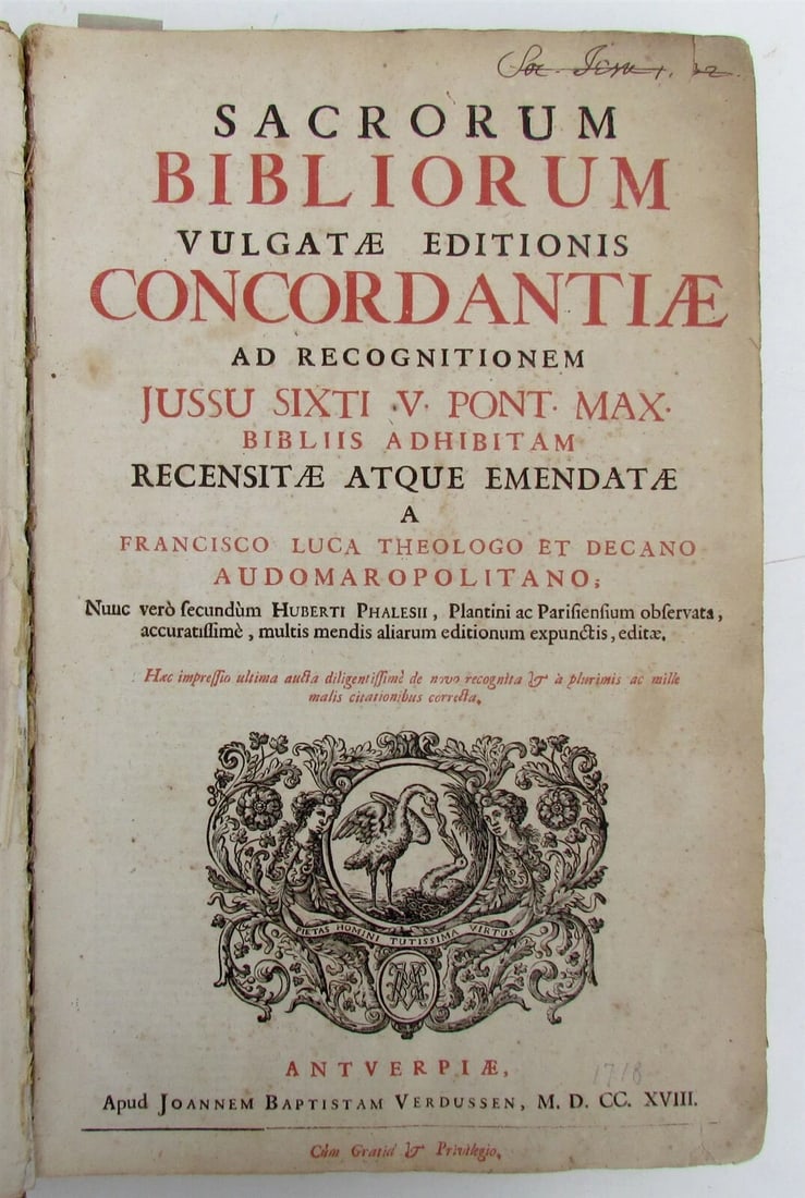 1718 ANTIQUE BLIND-STAMPED PIGSKIN BOUND FOLIO SACRORUM BIBLIORUM CONCORDANTIAE - 2