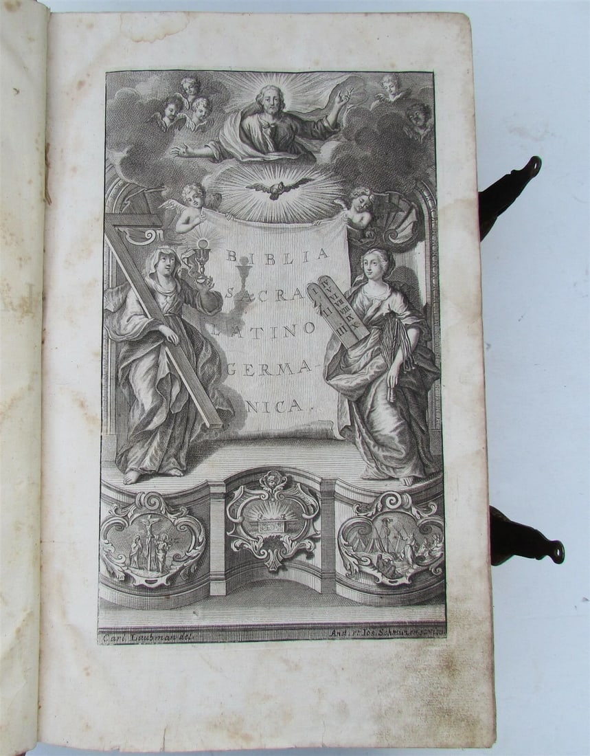 1737 LATIN GERMAN BIBLE AMAZING PIGSKIN BINDING MASSIVE FOLIO antique BIBLIA - 6