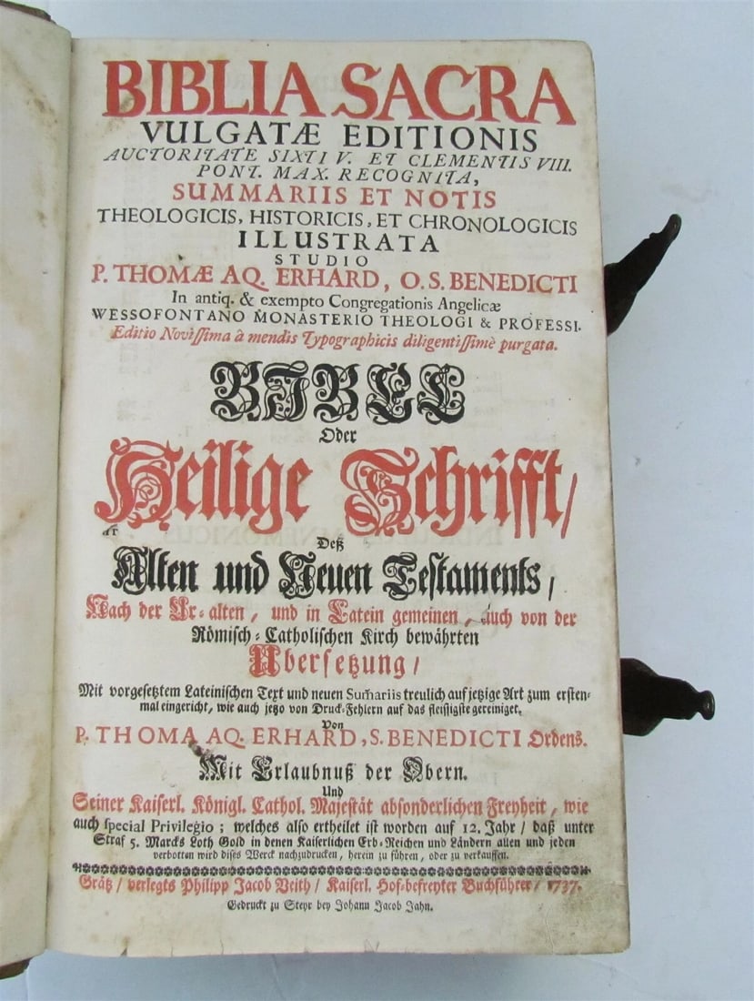 1737 LATIN GERMAN BIBLE AMAZING PIGSKIN BINDING MASSIVE FOLIO antique BIBLIA - 7