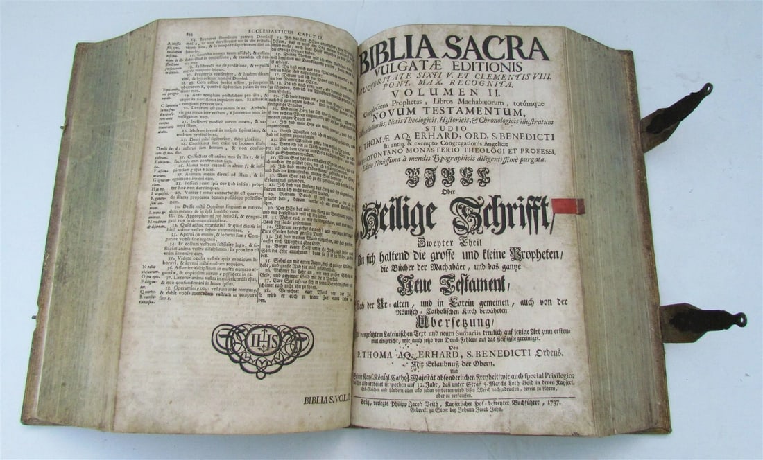 1737 LATIN GERMAN BIBLE AMAZING PIGSKIN BINDING MASSIVE FOLIO antique BIBLIA - 9
