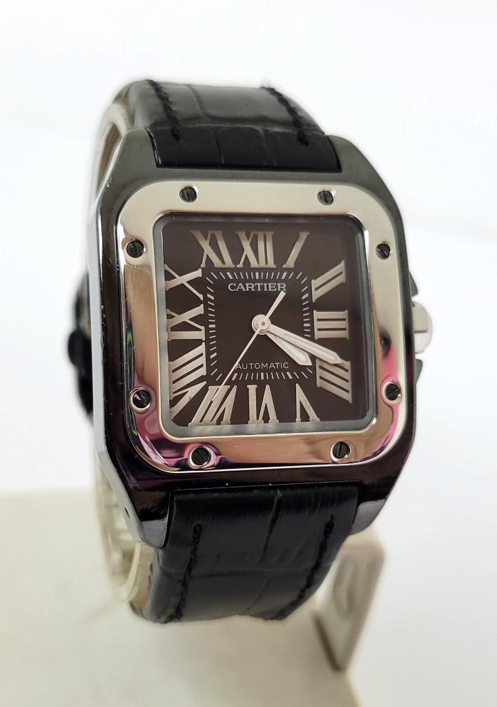 Black PVD Unisex CARTIER SANTOS 100 Black Dial Automatic Watch Ref 2878* Good: Black PVD Unisex CARTIER SANTOS 100 Black Dial Automatic Watch Ref 2878* Good Condition This Unisex CARTIER watch is Swiss made. Great present for yourself or someone you love! * Stainless steel case