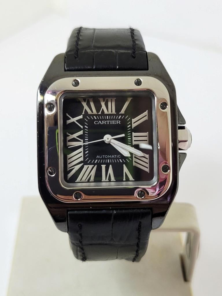 Black PVD Unisex CARTIER SANTOS 100 Black Dial Automatic Watch Ref 2878* Good - 2
