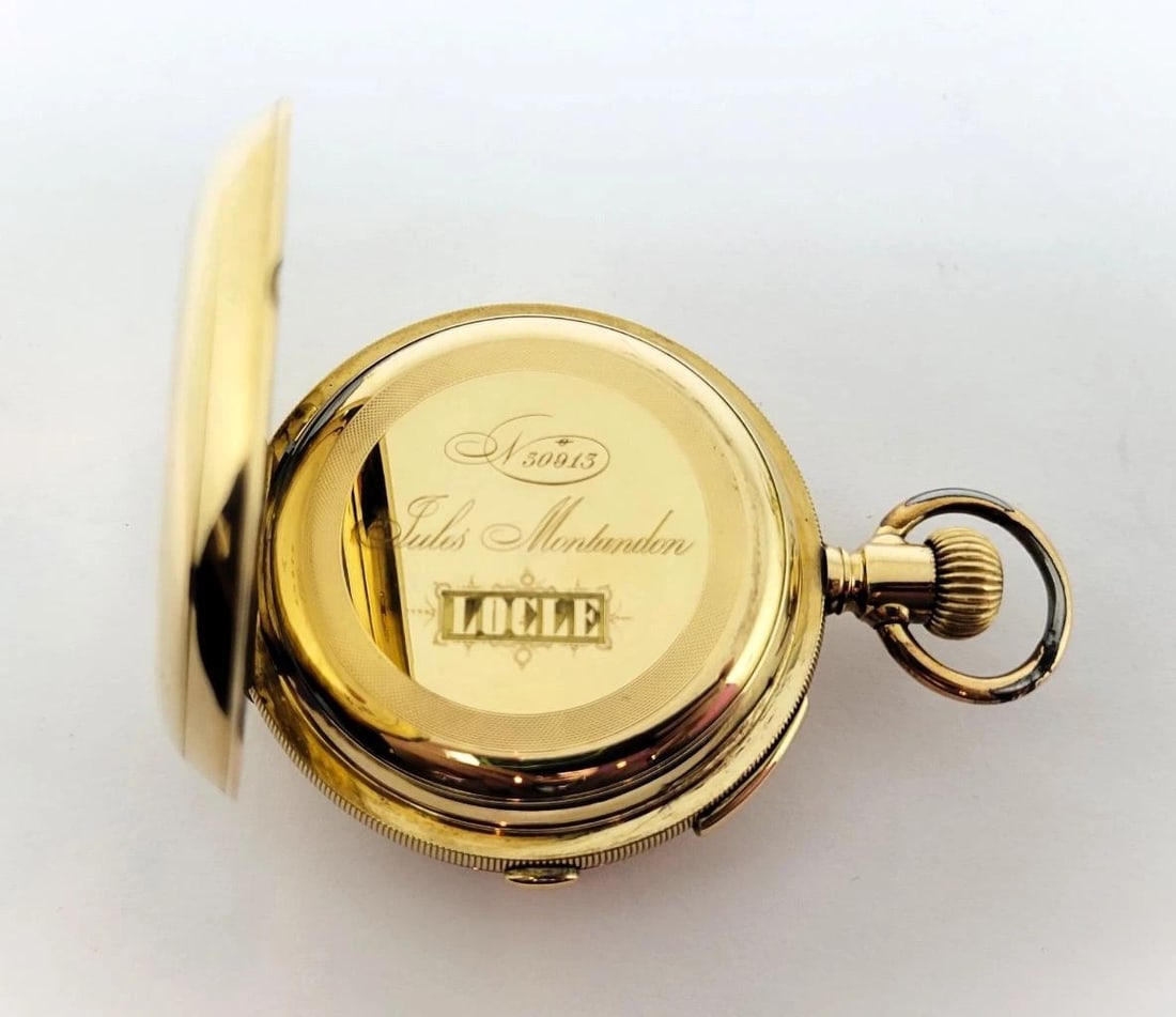 Antique 14k JULES MONTANDON Quater REPEATER Chronograph Hunter Case Pocket Watch - 7