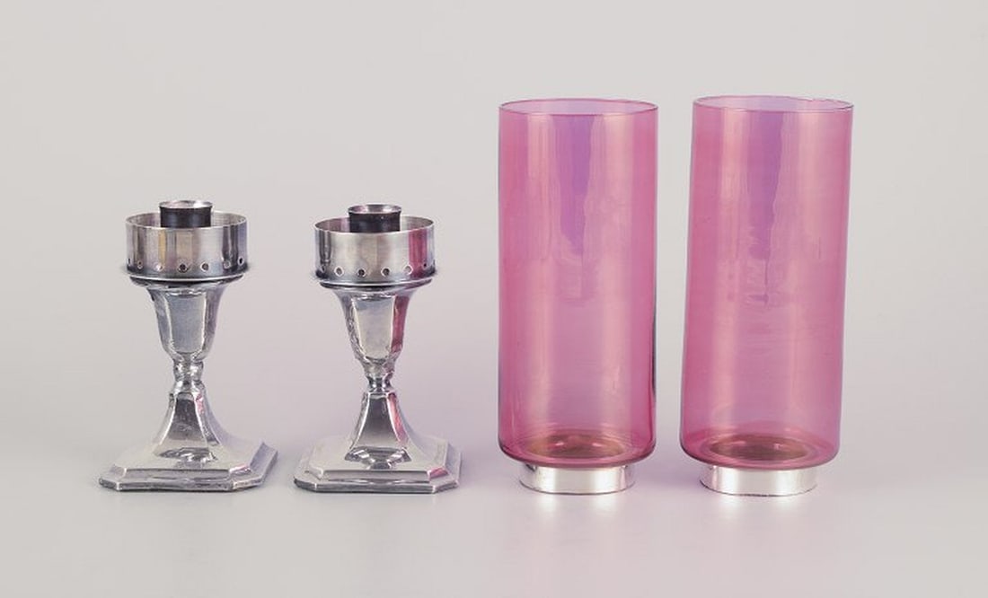 A.J. Pepper & Co. Ltd., United Kingdom. Pair of 'Hurricanes' candlesticks in silver and violet - 2