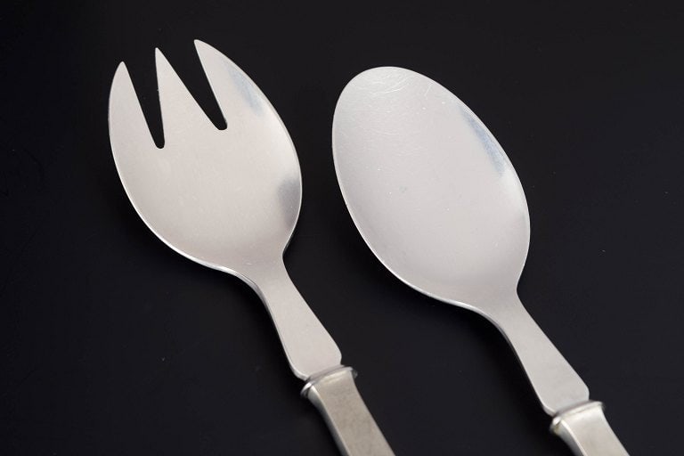 Evald Nielsen, Denmark. Set of salad spoon and salad fork in sterling silver and stainless steel. - 2
