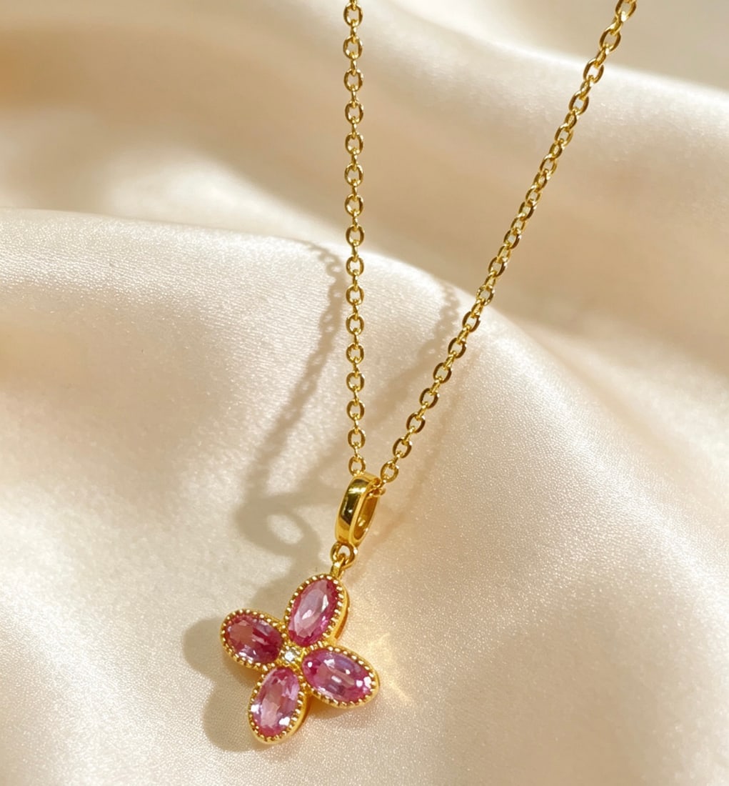 18K Gold Pink Sapphire Pendant - 2