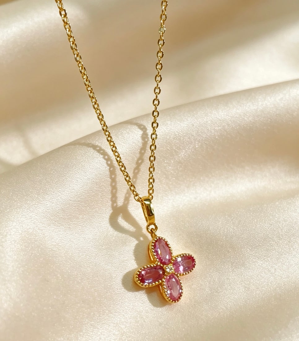 18K Gold Pink Sapphire Pendant - 3
