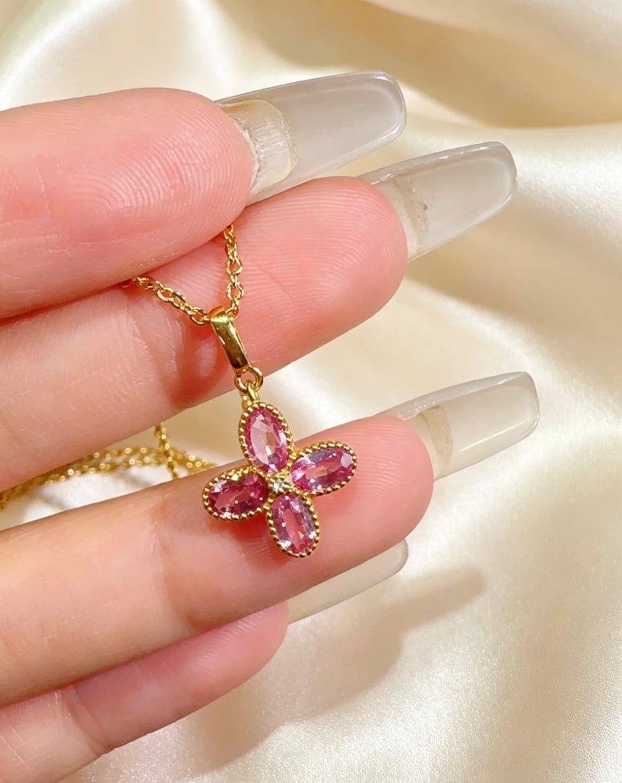 18K Gold Pink Sapphire Pendant - 4