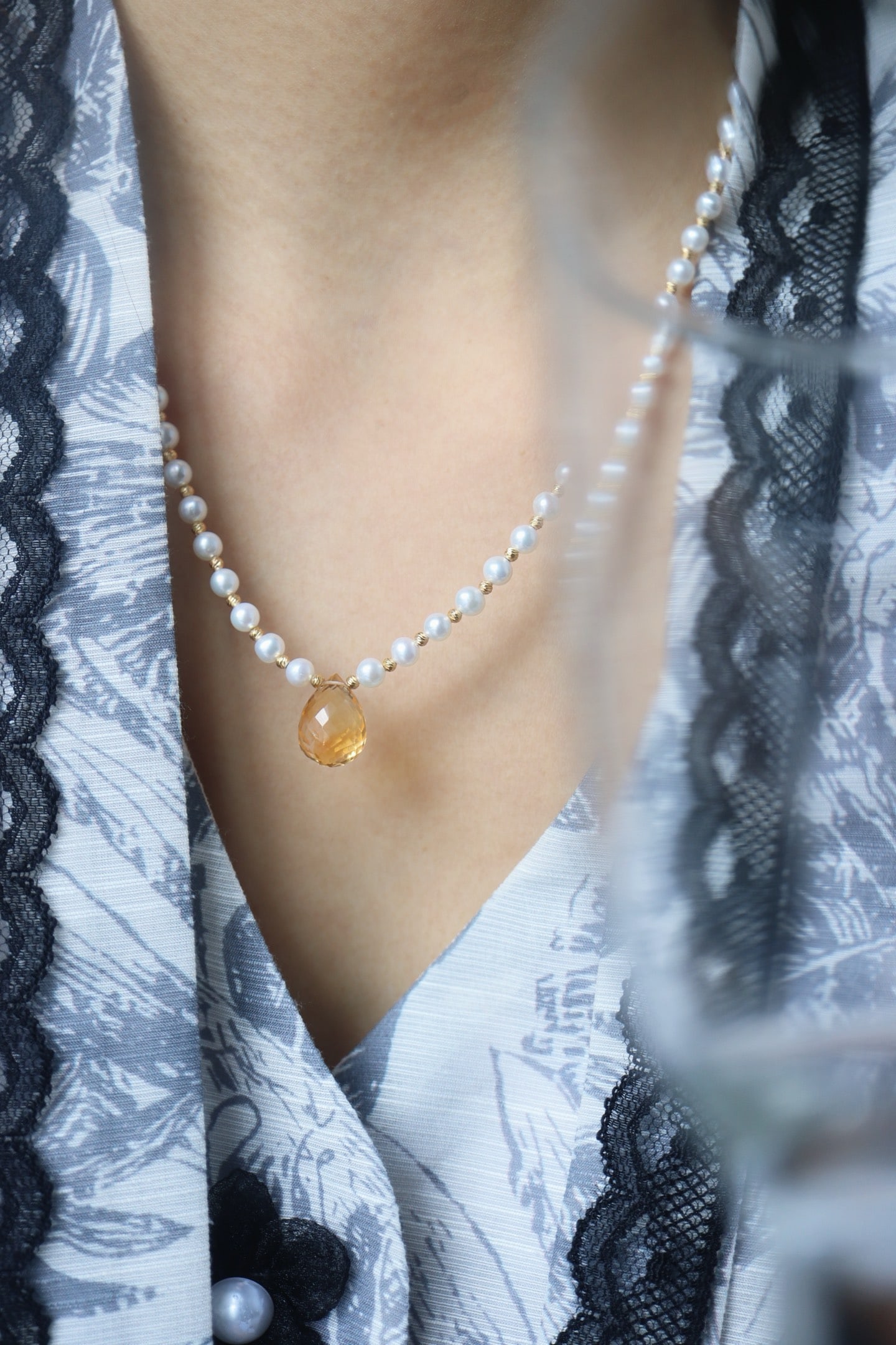 Sterling Silver Natural Pearl and Citrine Necklace - 4