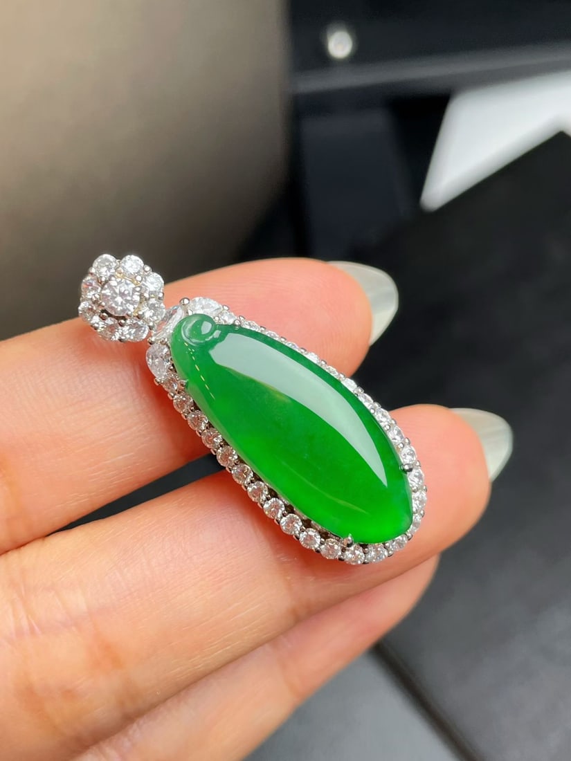 Silver Full Green Jadeite Pendant - 2