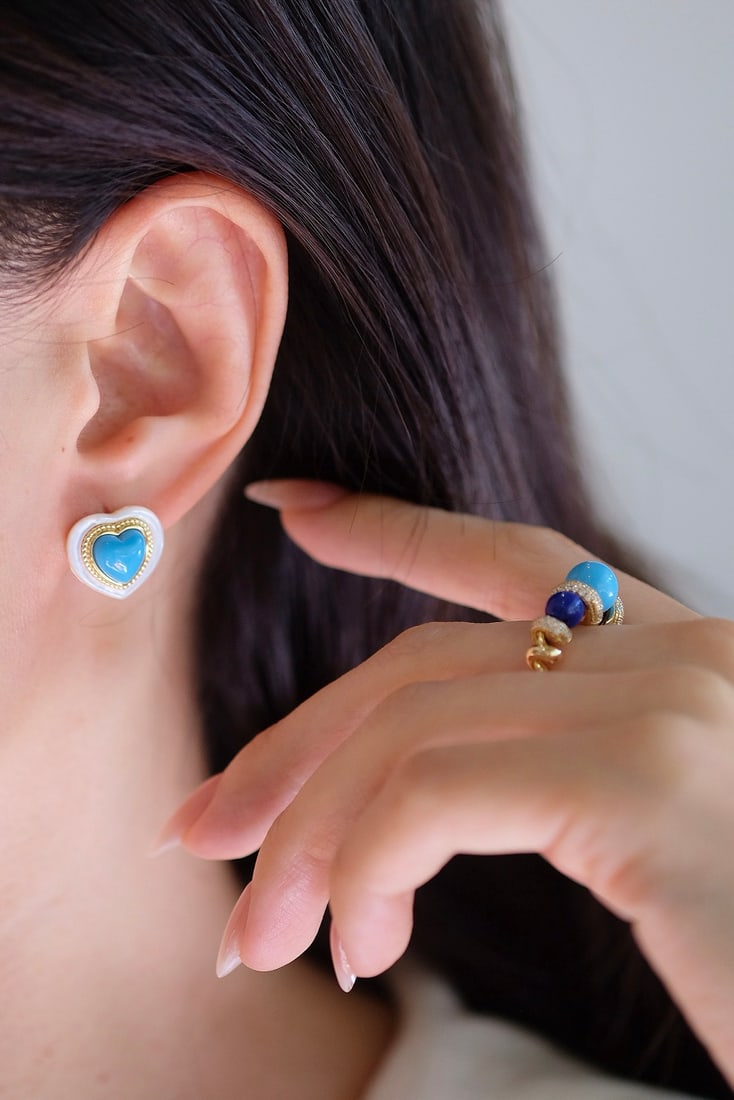 Turquoise and White Mother-of-Pearl Earrings - 14