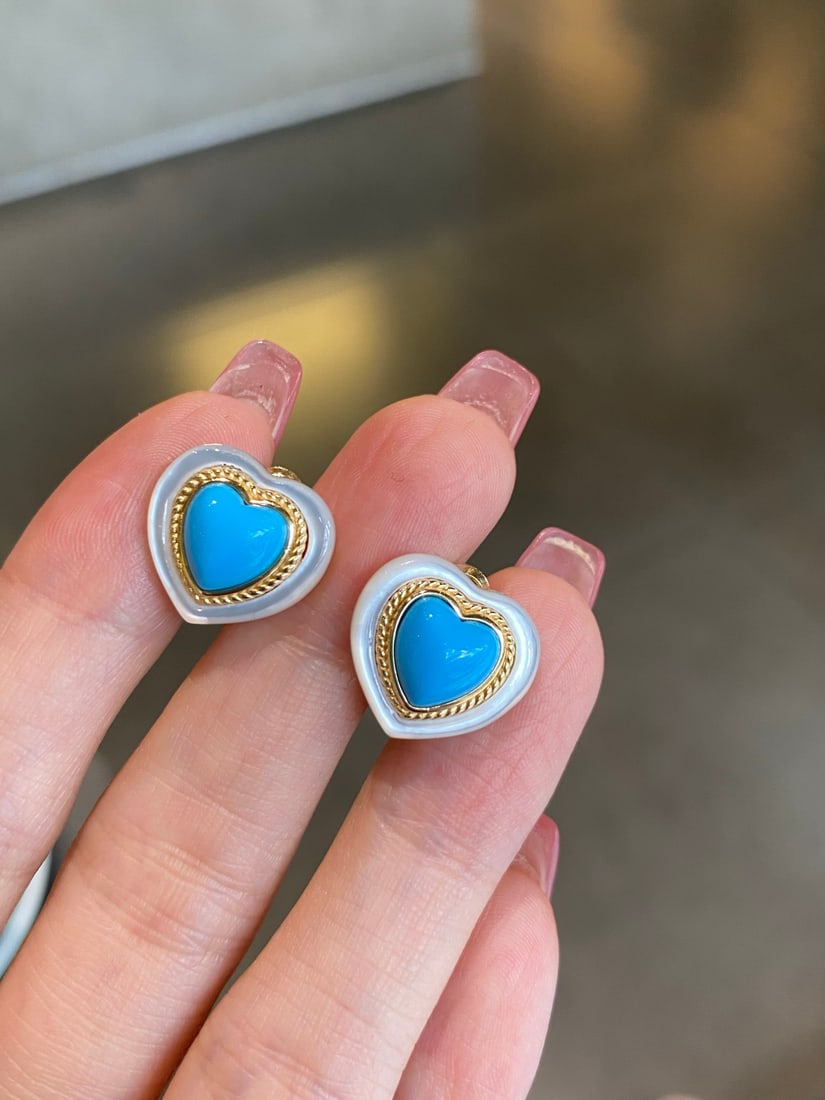 Turquoise and White Mother-of-Pearl Earrings: Title: Turquoise and White Mother-of-Pearl Earrings Description: These earrings perfectly combine turquoise and white mother-of-pearl, showcasing elegance and a gentle aura. The design is simple yet
