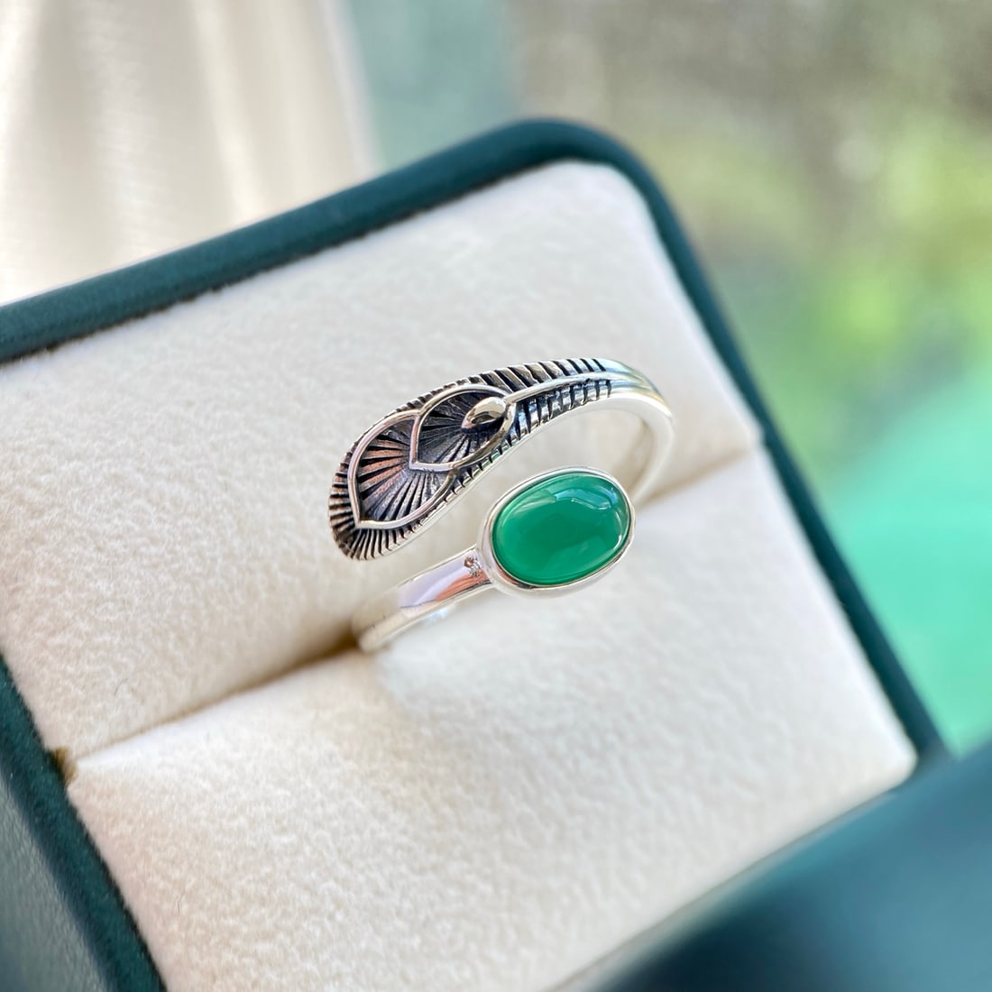 S925 Sterling Silver Natural Green Agate Chalcedony Ring - 2