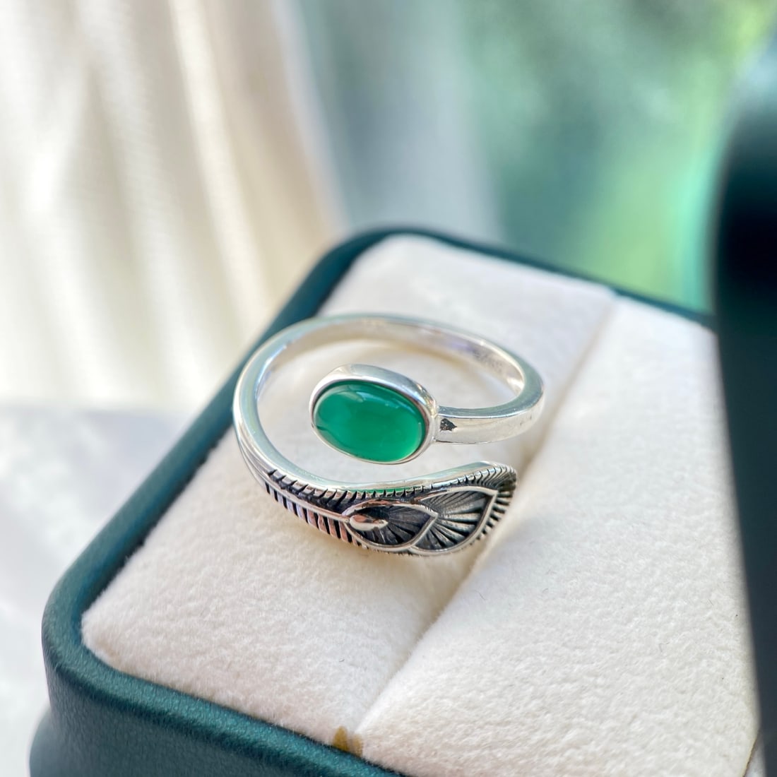 S925 Sterling Silver Natural Green Agate Chalcedony Ring - 3