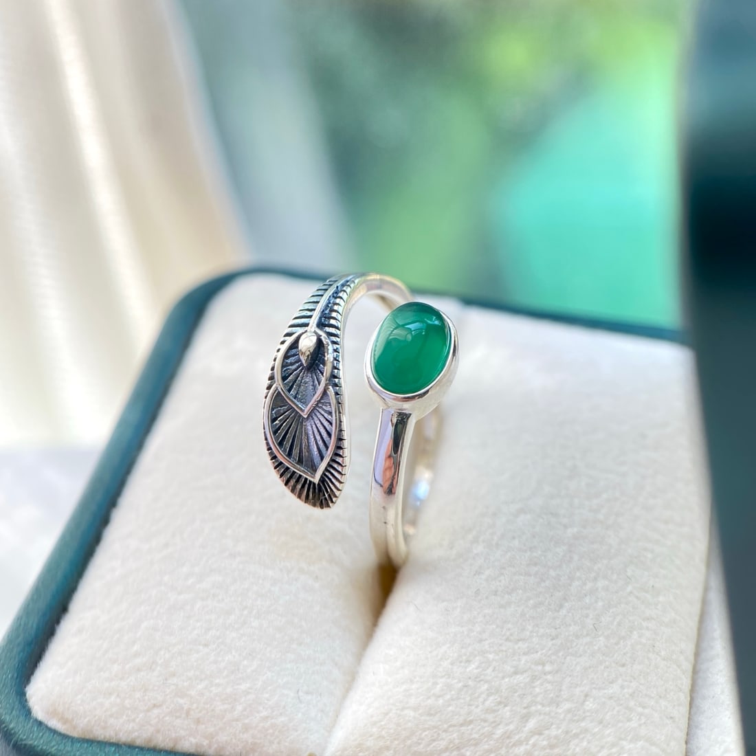 S925 Sterling Silver Natural Green Agate Chalcedony Ring - 4