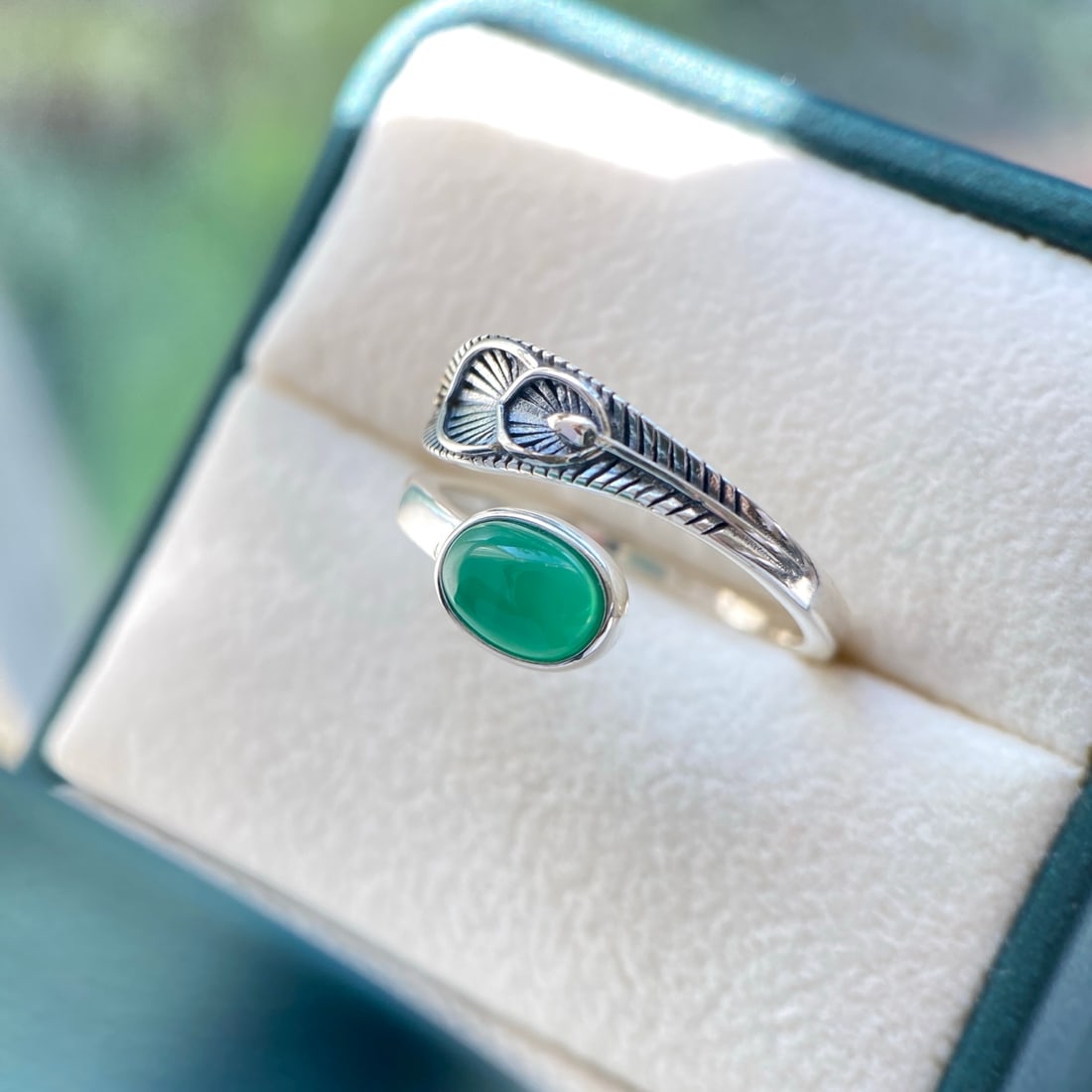 S925 Sterling Silver Natural Green Agate Chalcedony Ring - 5