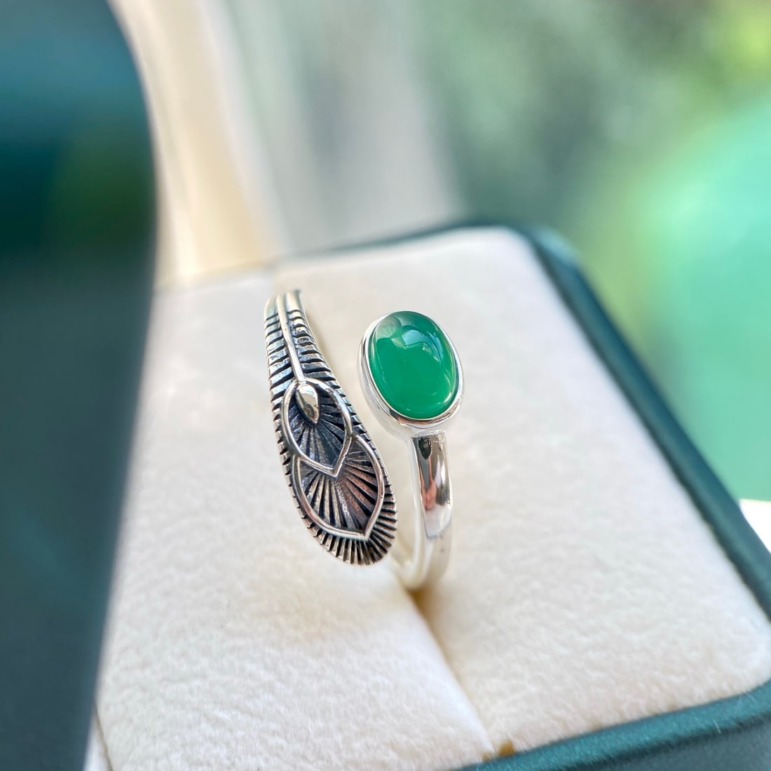 S925 Sterling Silver Natural Green Agate Chalcedony Ring - 6