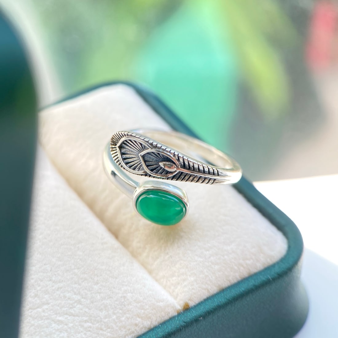 S925 Sterling Silver Natural Green Agate Chalcedony Ring - 7