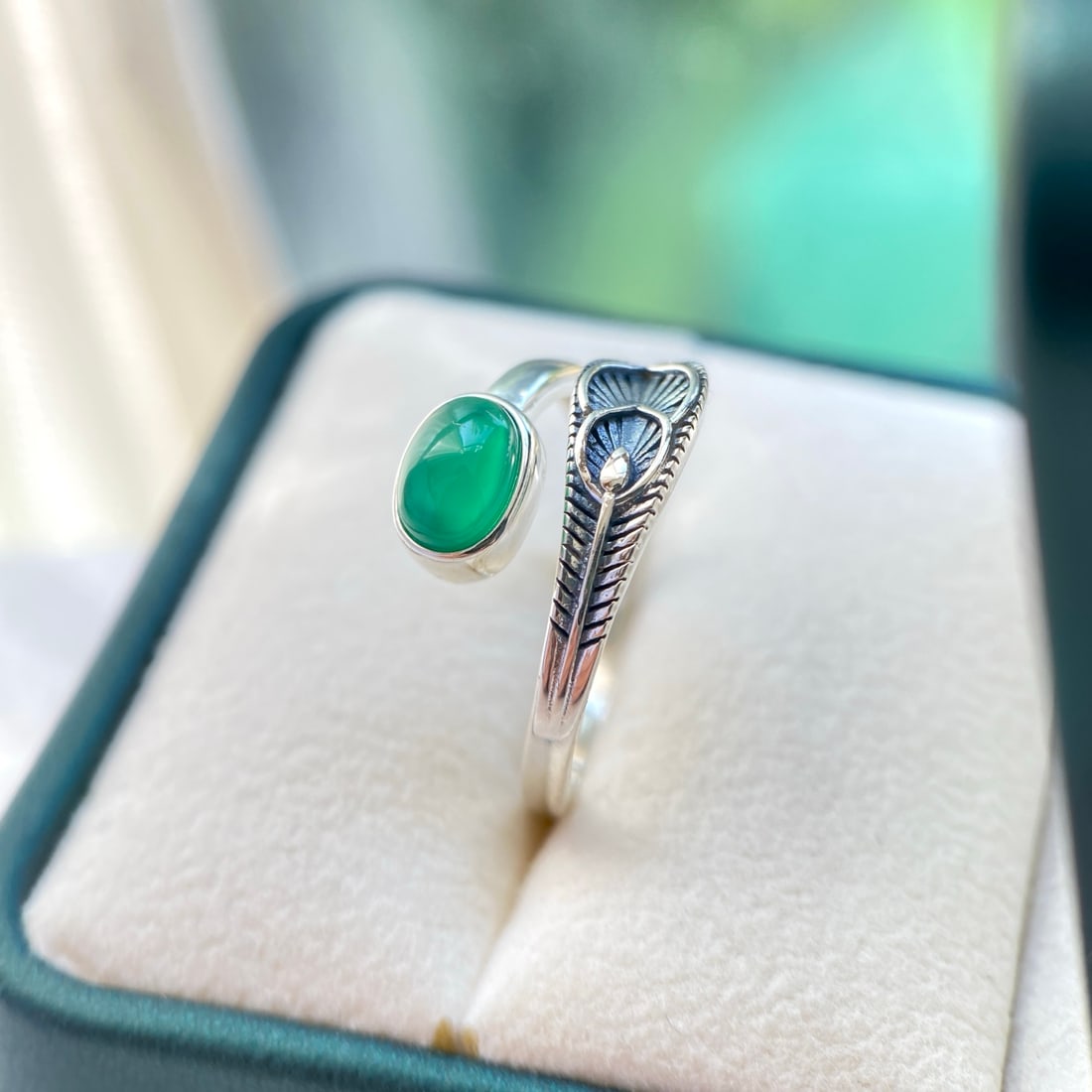 S925 Sterling Silver Natural Green Agate Chalcedony Ring - 8