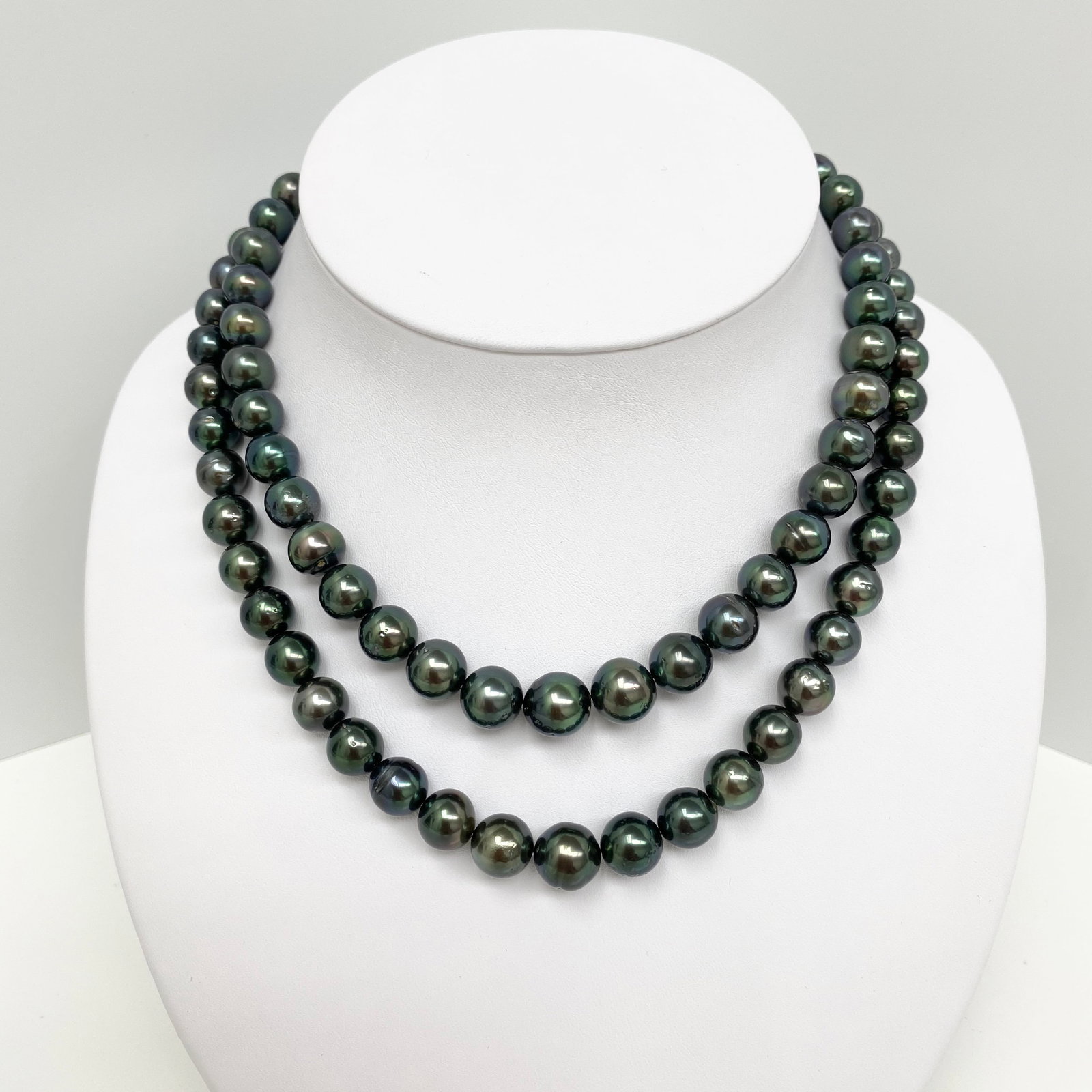 8-10mm Tahitian Peacock Near-Round Double-Strand Pearl Necklace with 14k Clasp: Title:8-10mm Tahitian Peacock Near-Round Double-Strand Pearl Necklace with 14k Clasp Description:AAA Quality, Tahitian Peacock Near-Round Double-Strand Pearl Necklace, 45 pearl pieces, 36 inches