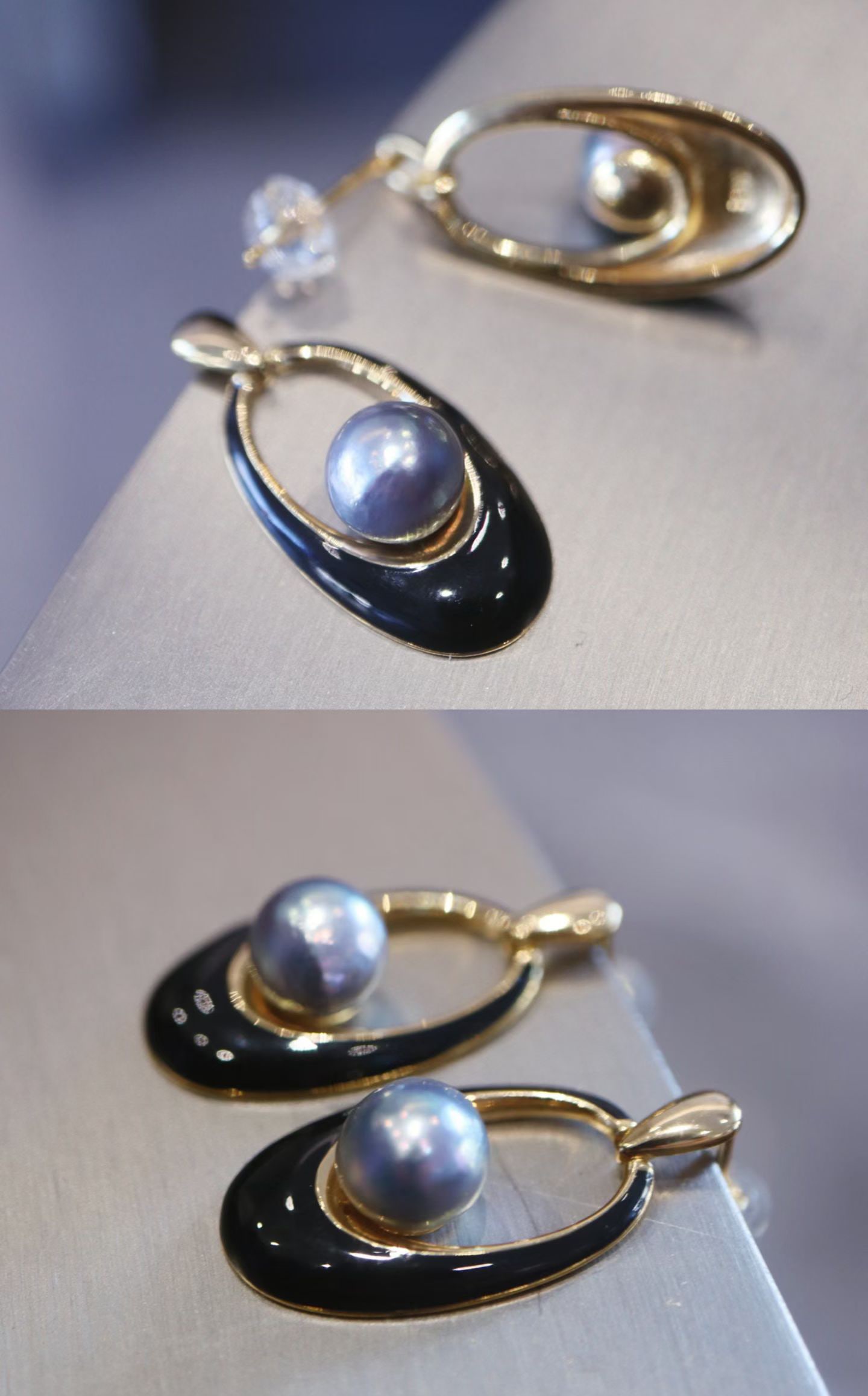 Silver Akoya Saltwater Pearl Earrings: Title: Silver Akoya Saltwater Pearl Earrings Description: The cool gray luster of the Akoya pearl meets the matte texture of black resin, exuding a subtle yet aloof aura. The details reveal a sense of