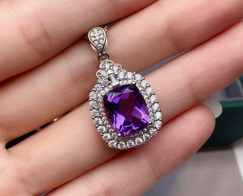 S925 Silver Natural Amethyst Pendant - 3