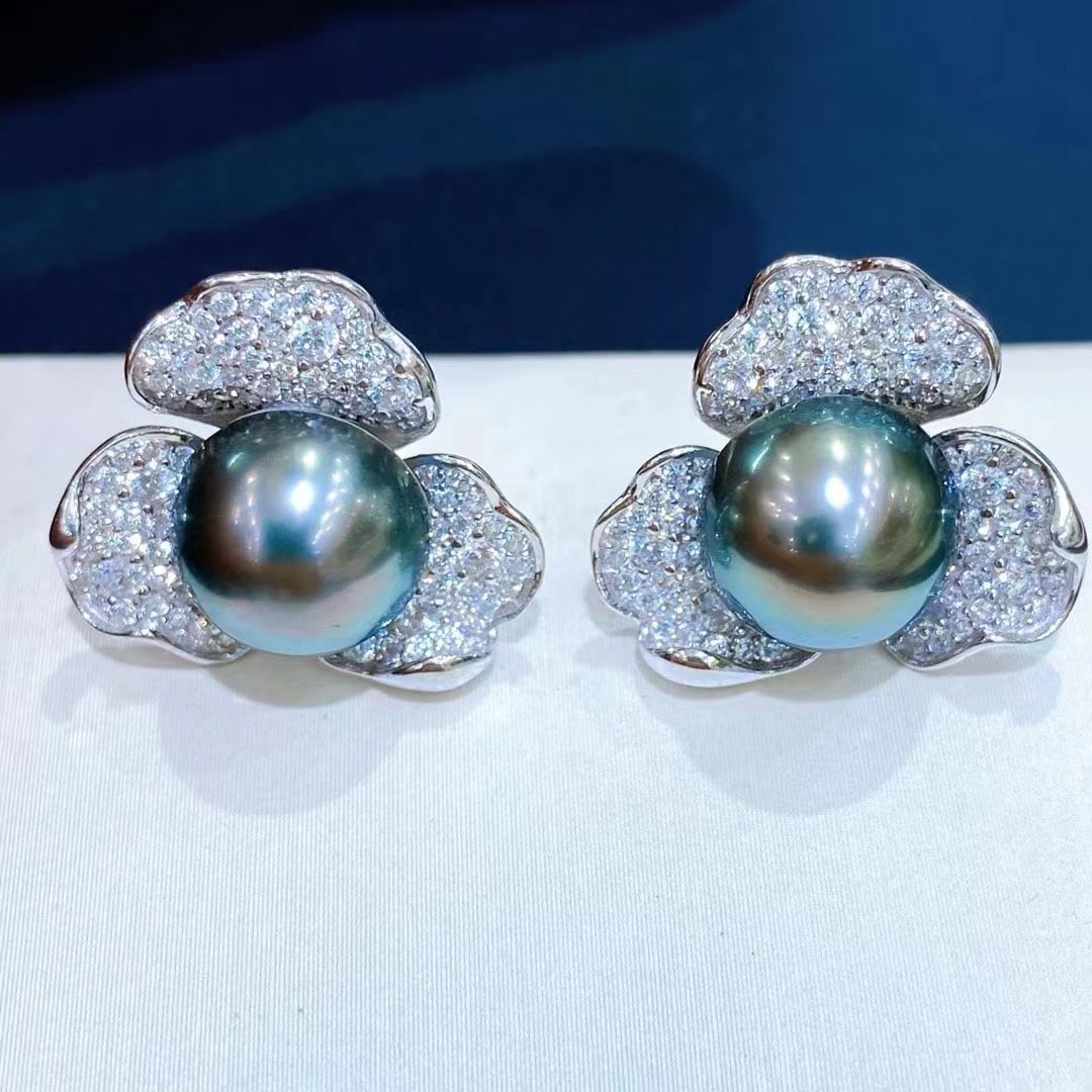 18K Gold Black Pearl Earrings - 2