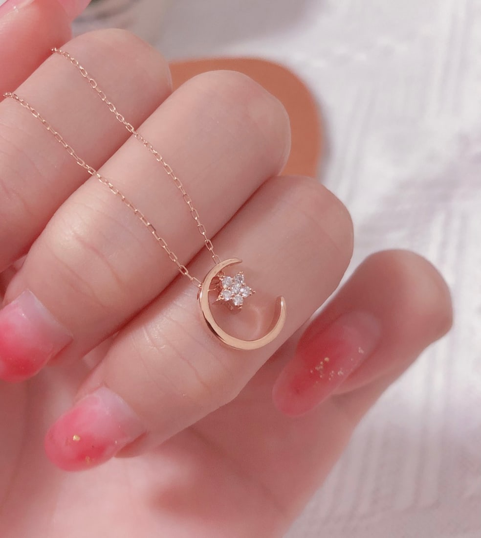 18K Gold Diamond Star and Moon Necklace - 4